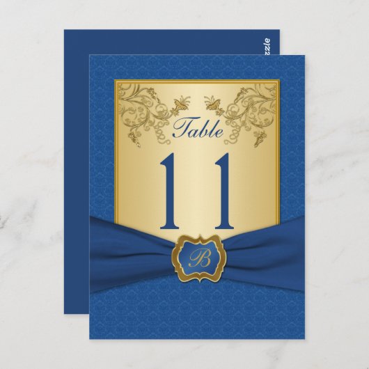 Blauw en Goud Bloemen Damast Tafelnummer (Voorkant / Achterkant)