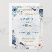 Blauw en Goud Bloemen Huwelijksuitnodiging 2024 Kaart (Voorkant / Achterkant)