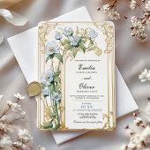  Blauw en Goud Bloemen Huwelijksuitnodiging Kaart