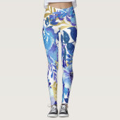 Blauw en Goud Bloemen Leggings (Voorkant)