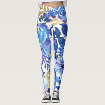 Blauw en Goud Bloemen Leggings