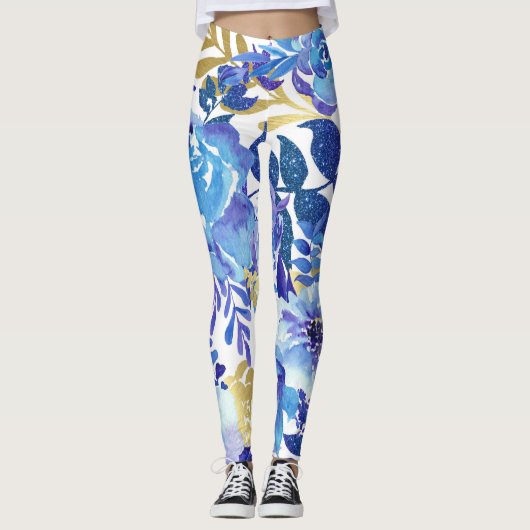 Blauw en Goud Bloemen Leggings (Voorkant)