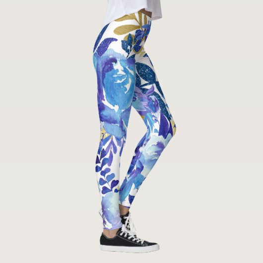 Blauw en Goud Bloemen Leggings (Rechts)