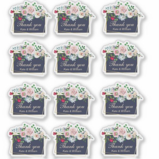 Blauw en Goud Bloemen Lijst Bruiloft Dank u Set Sticker (Voorkant)