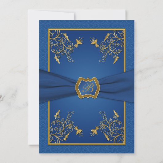 Blauw en Goud Bloemen Monogram Bruiloft Uitnodigin Kaart (Voorkant)
