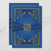 Blauw en Goud Bloemen Monogram Bruiloft Uitnodigin Kaart (Voorkant / Achterkant)