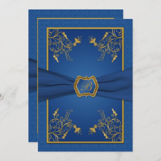 Blauw en Goud Bloemen Monogram Bruiloft Uitnodigin Kaart (Voorkant / Achterkant)
