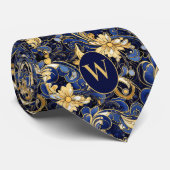 Blauw en Goud Bloemen Monogram Stropdas (Opgerold)