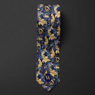 Blauw en Goud Bloemen Monogram Stropdas