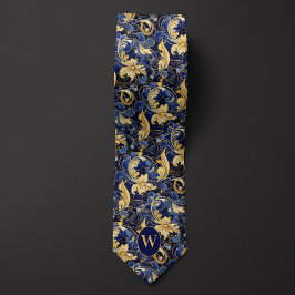 Blauw en Goud Bloemen Monogram Stropdas