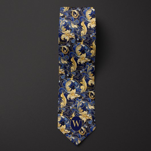Blauw en Goud Bloemen Monogram Stropdas