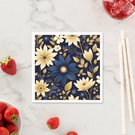 Blauw en Goud Bloemen Patroon Servet (Insitu)