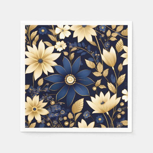 Blauw en Goud Bloemen Patroon Servet (Voorkant)