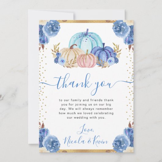 Blauw en Goud Bloemen Pompoenen Fall Wedding Bedankkaart (Voorkant)