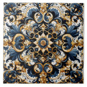 Blauw en Goud Bloemen Tegel Ontwerp Tegeltje (Voorkant)