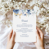 Blauw en Goud Bloemen Trouwdetails Kaart