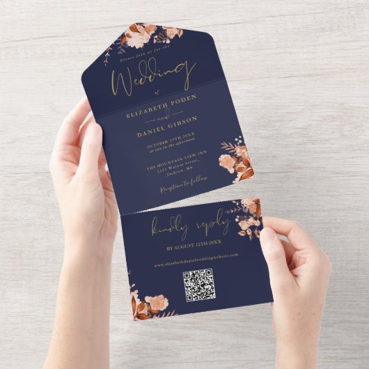 Blauw en goud bloemencode QR Fall Huwelijk All In One Uitnodiging (Afscheurbaar)