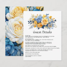 Blauw en goud bloemendetails voor trouwgasten