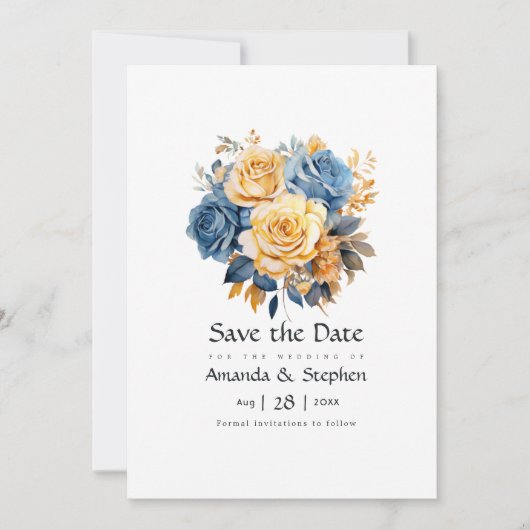 Blauw en goud bloemenschema bruiloft save the date (Voorkant)