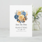 Blauw en goud bloemenschema bruiloft save the date (Staand voorkant)