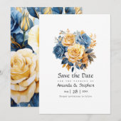 Blauw en goud bloemenschema bruiloft save the date (Voorkant / Achterkant)