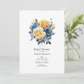 Blauw en goud bloemig bruidsdouche kaart (Staand voorkant)