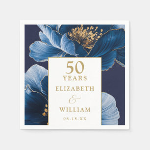 Blauw en goud bloemig elegant 50ste verjaardag servet