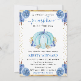 Blauw en goud bloemig pompoen herfst baby shower kaart
