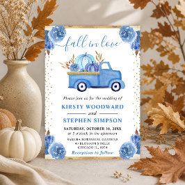 Blauw en Goud Bloemig Pompoen Truck Herfst Bruilof Kaart