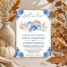Blauw en Goud Bloemig Pompoenen Herfst Bruiloft Kaart