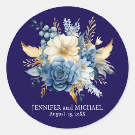 Blauw en Goud Bloemige Trouwdag Ronde Sticker