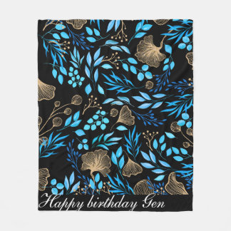 Blauw en Goud Bloempatroon Voeg Jouw namen toe Fleece Deken
