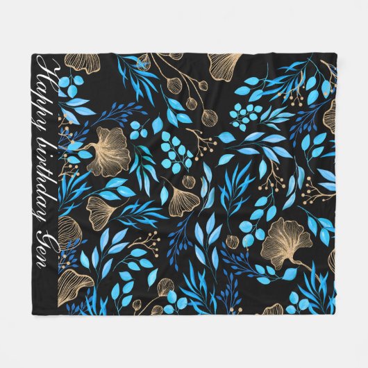 Blauw en Goud Bloempatroon Voeg Jouw namen toe Fleece Deken (Voorkant (Horizontaal))