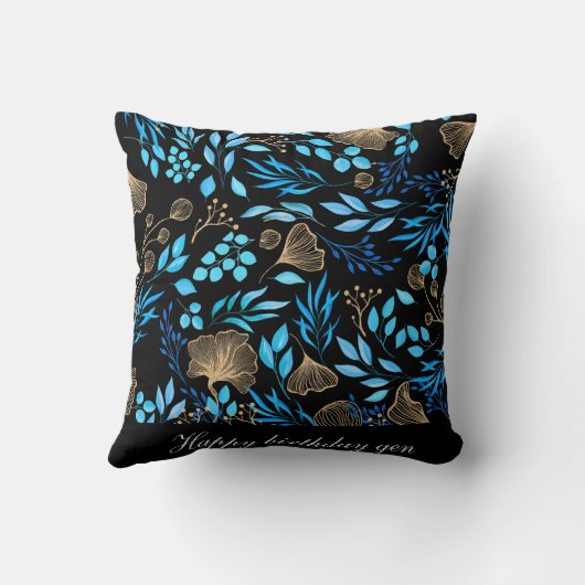 Blauw en Goud Bloempatroon Voeg Jouw namen toe Kussen (Achterkant)