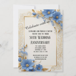 Blauw en Goud Bloemrijke Elegantie 50ste Verjaarda Kaart