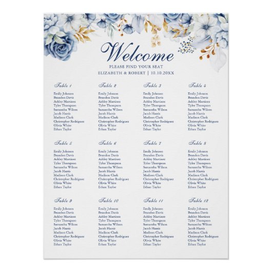 Blauw en goud bloemstuk bruiloft zitplaats poster (Voorkant)