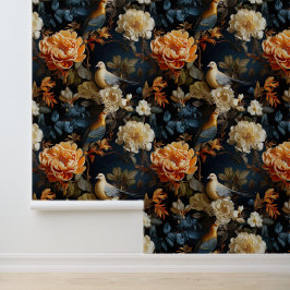  Blauw en Goud Boho Bloemenvogel Victoriaans Behang