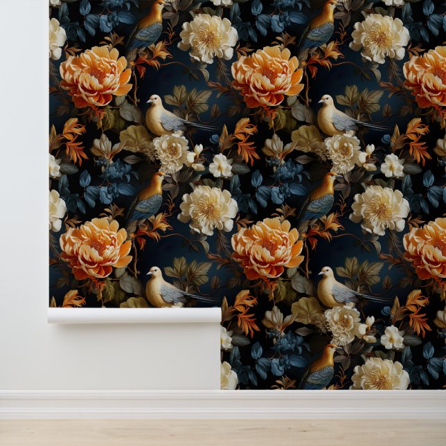  Blauw en Goud Boho Bloemenvogel Victoriaans Behang (Applicatie)