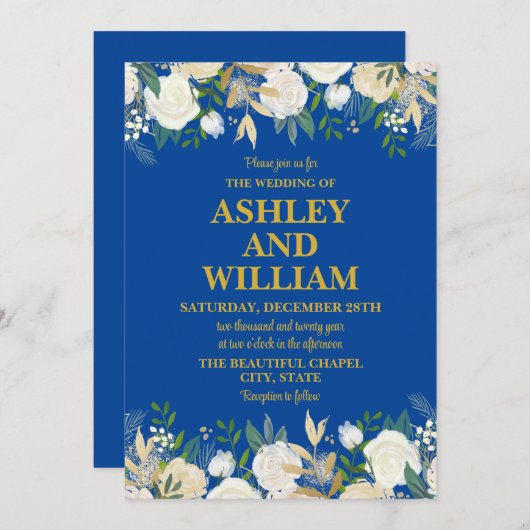 Blauw en Goud Boho Bohemian Chic Greenery Wedding Kaart (Voorkant / Achterkant)