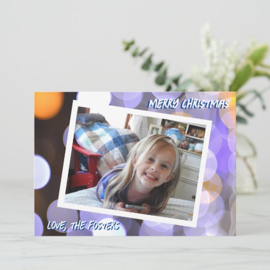 Blauw en Goud Bokeh Kerstmis Foto Feestdagenkaart (Staand voorkant)