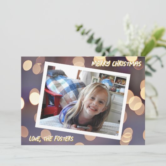 Blauw en Goud Bokeh Sparkles Kerstmis Foto Feestdagenkaart (Staand voorkant)