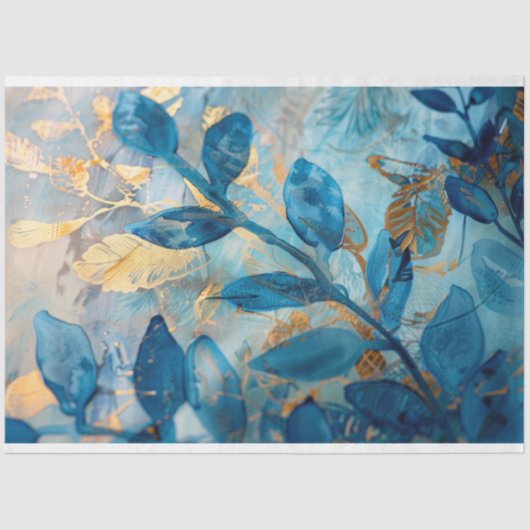 Blauw en Goud Botanisch Découpage Tissuepapier (Voorkant)