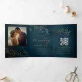 Blauw en Goud Botanisch Elegant Trouwen Drieluik Uitnodiging (Binnen)