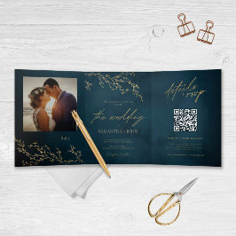 Blauw en Goud Botanisch Elegant Trouwen Drieluik Uitnodiging