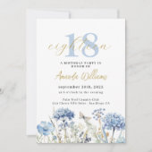 Blauw en Goud Botanische 18e verjaardag Uitnodigin Kaart (Voorkant)