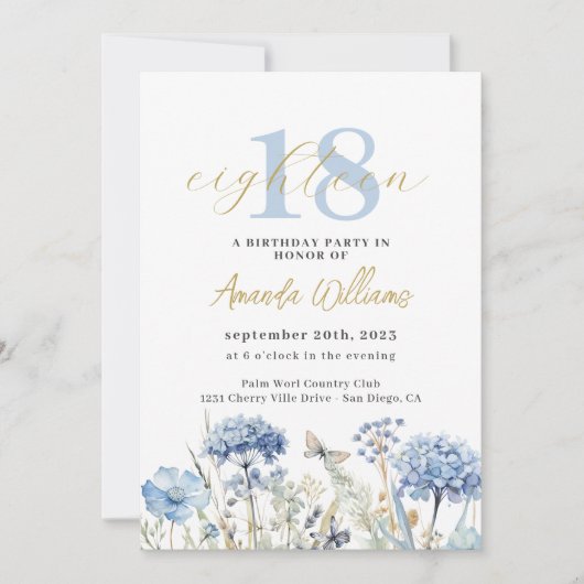 Blauw en Goud Botanische 18e verjaardag Uitnodigin Kaart (Voorkant)