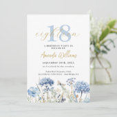 Blauw en Goud Botanische 18e verjaardag Uitnodigin Kaart (Staand voorkant)