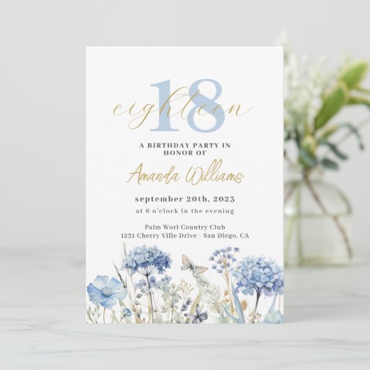 Blauw en Goud Botanische 18e verjaardag Uitnodigin Kaart (Staand voorkant)