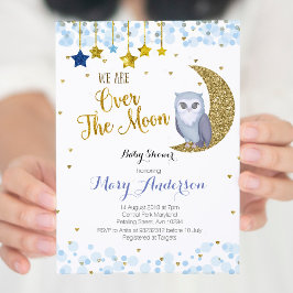 Blauw en goud boven het Moon Owl Baby shower Kaart
