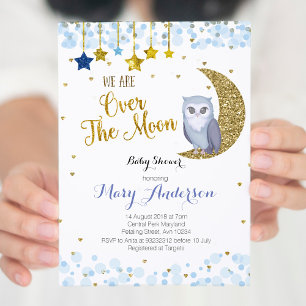 Blauw en goud boven het Moon Owl Baby shower Kaart